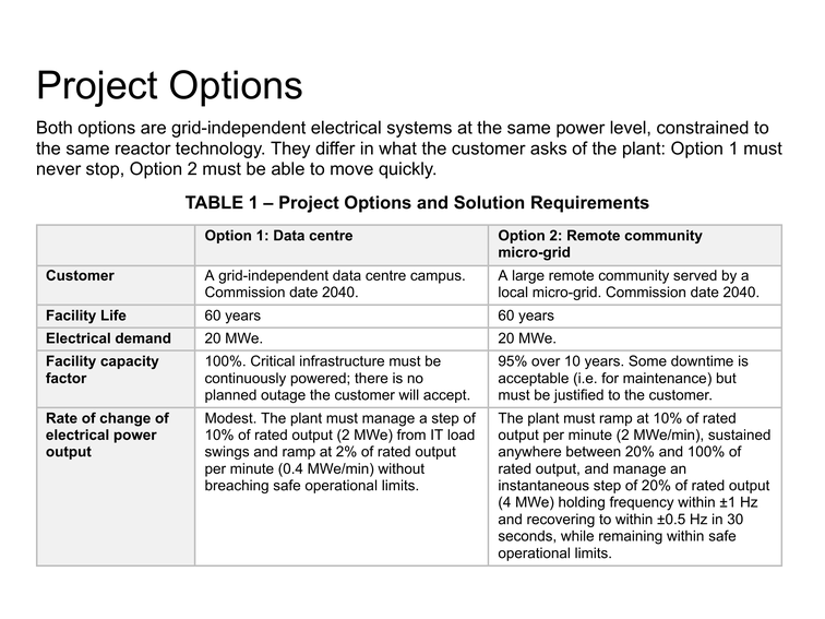 From the brief: the Project Options table, comparing a data centre with a remote community micro-grid.